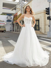 Lace Stitched Floor-Length Wedding Dress With Large Hemline And Spaghetti Straps